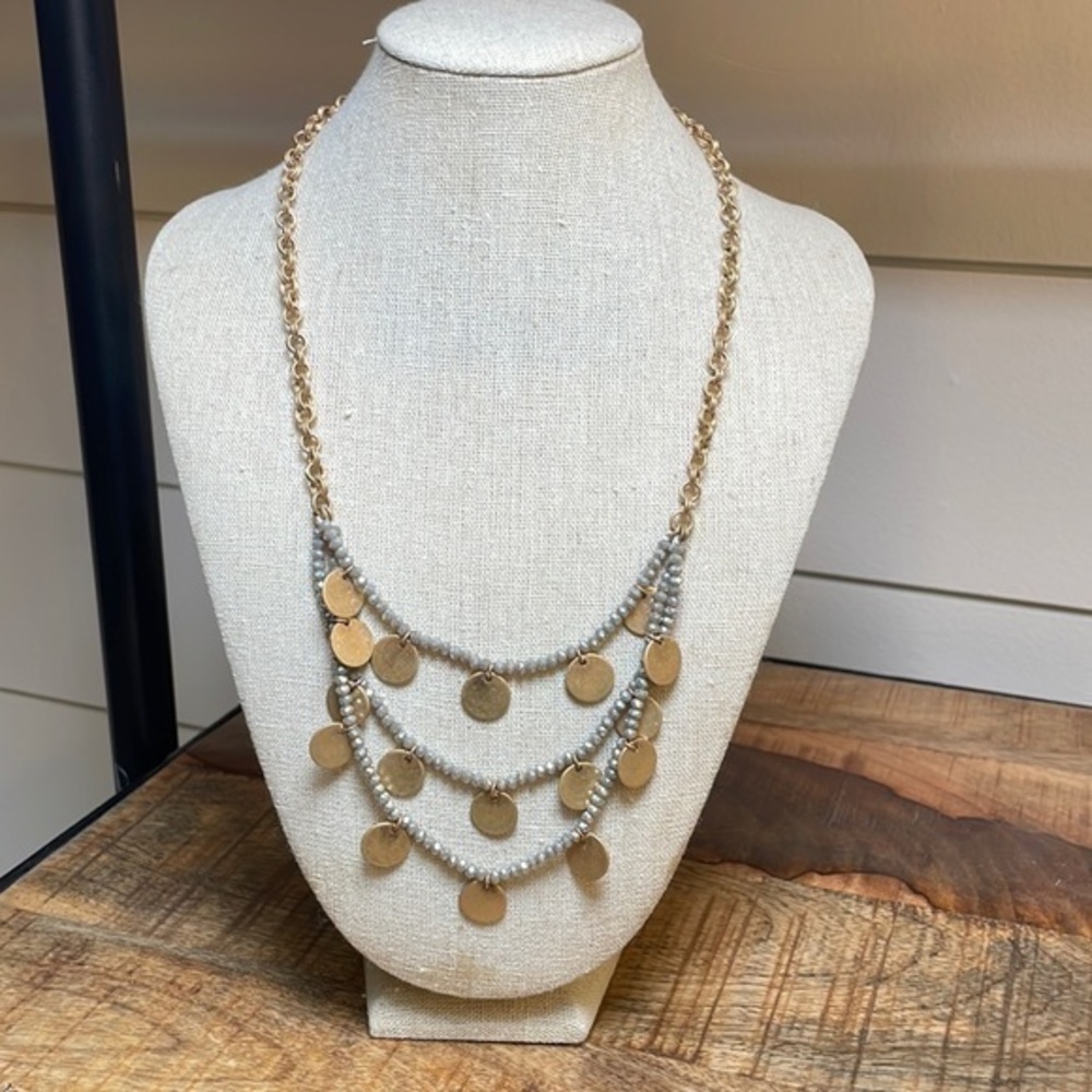 Sweet Lola Brushed Gold Coin & Grey‎ Shimmery Beaded Layered Necklace 21.5" Long
